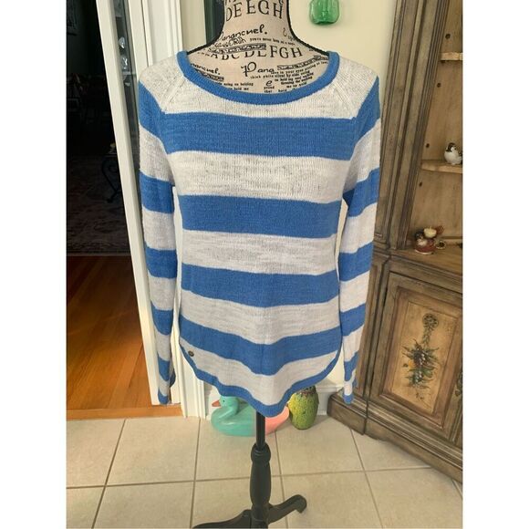 Lilly Pulitzer Sweater Women Small Blue White Pullover Striped Sheer Scoop Neck - Picture 1 of 5